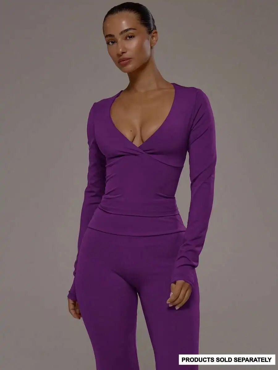 

Purple Wrap Front V-Neck Long Sleeve Active Top For Workout Gym Pilates Fitness