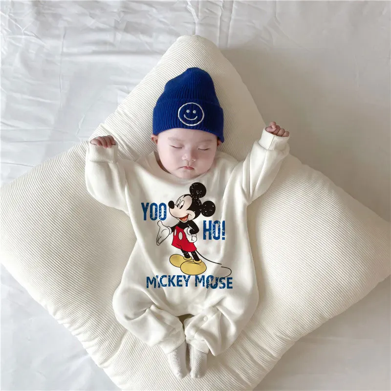 Winter Baby Boys Romper With Plush Cartoon Winnie Pooh Mickey Donald Print Long Sleeve Newborn Jumpsuit Girl Cotton Kids Outfit