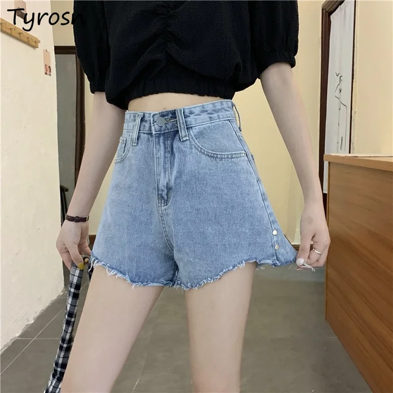 

High Waisted Shorts Women Korean Style Design Fur-lined Wide Leg Denim Trousers Mujer All-match Button Fly Baggy Casual Short