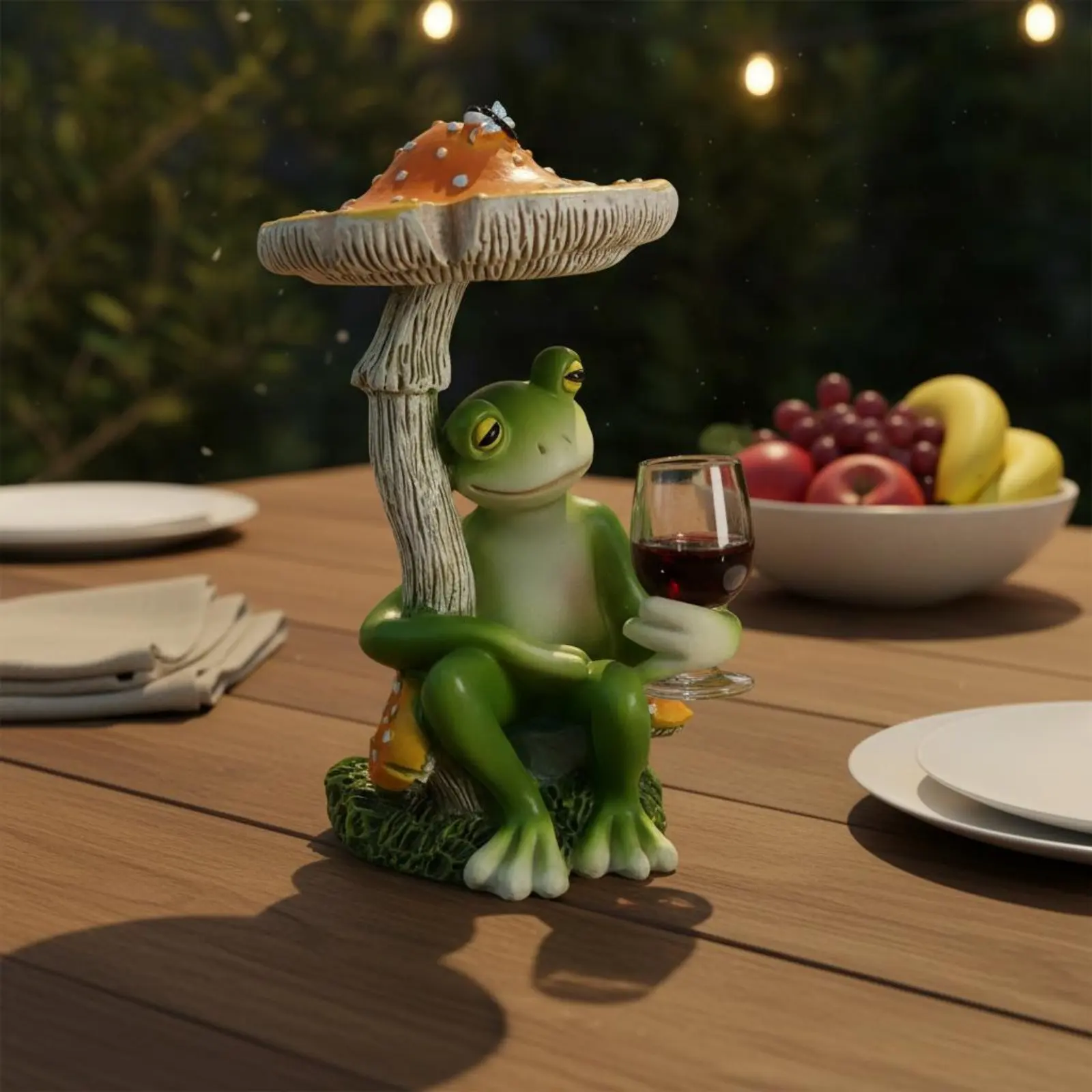 Frog Under Toadstool Figurine Creative Design Frog Drinking Beverage Statue House Decoration Hand Painted for Garden, Patio