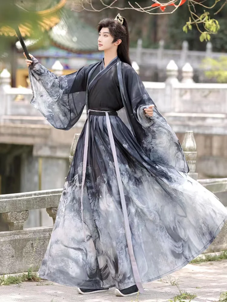 Disfraz tradicional chino de tinta Hanfu para hombre, traje de estilo nacional de artes marciales, cuello cruzado, Vintage, Delgado, trajes de Cosplay de héroe para parejas