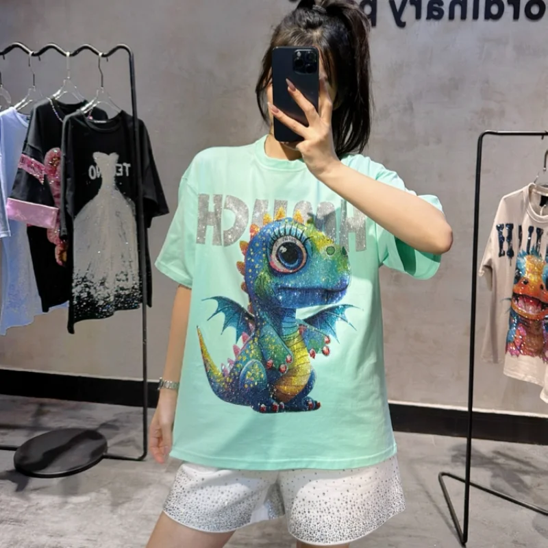 

High Quality Spring Summer Women Short Sleeve Tshirts Cute Dinosaur Hot Drilling Loose Pullover Top O-neck Casual Cotton Tees