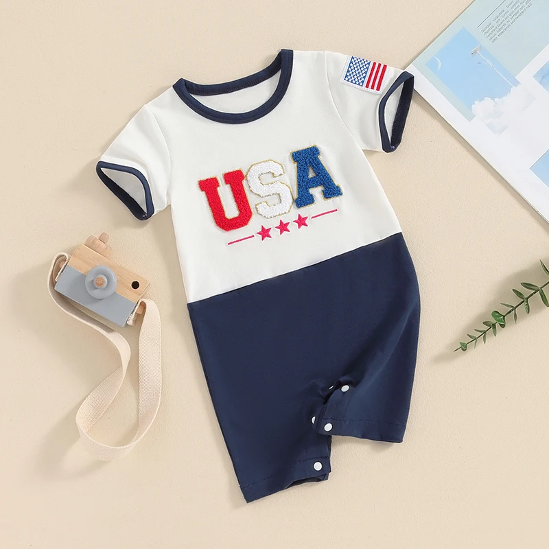 Ledy Champswiin Newborn Baby Boy Girl 4th of July Outfit Letter Flag Embroidery Romper Jumpsuit Infant Fourth July Clothes