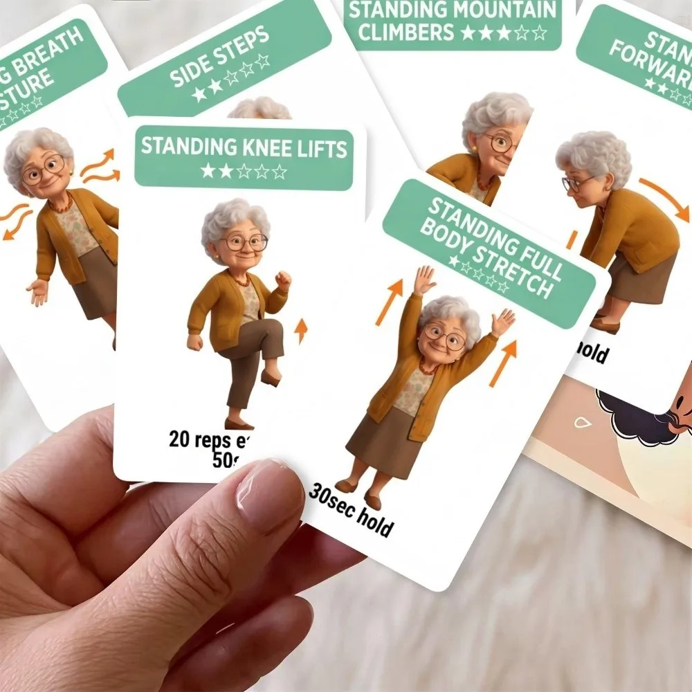 18Pcs Illustrated Step Move Guide Senior Standing Exercise Flashcards Elderly Standing Full Body Exercise Cards