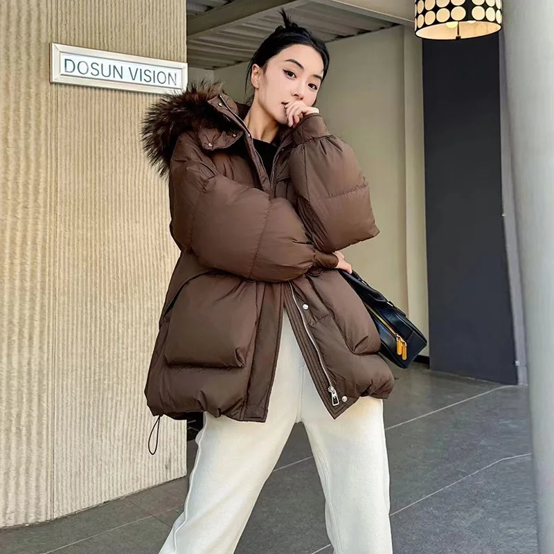 

Winter Warm Natural Large Fur Collar Hooded Down Jacket Female Drawstring Zipper Jackets Women White Duck Down Parker Outwears