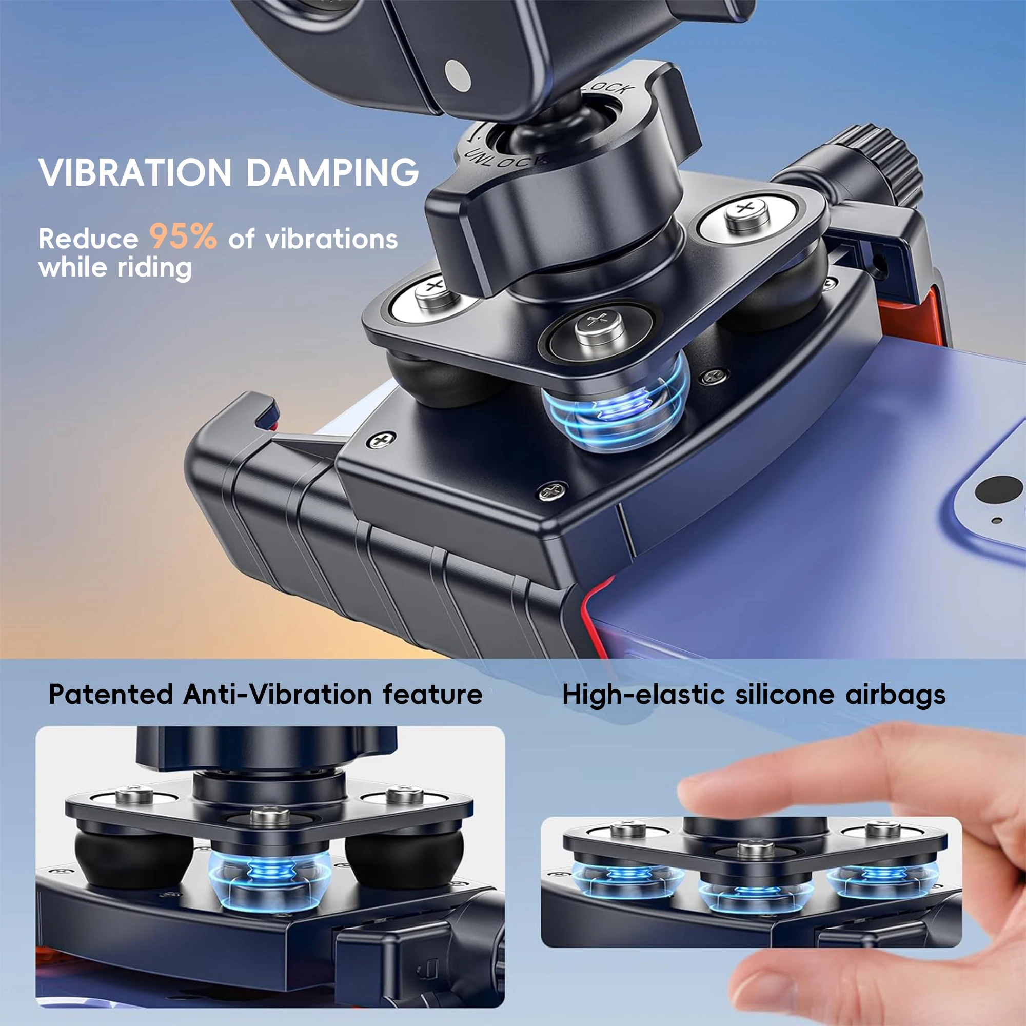 Anti-Vibration Phone Mount, Quick Lock Shockproof Bike & Motorcycle Cell Phone Holder, Fits iPhone for Riders ,E-Bike, Stroller