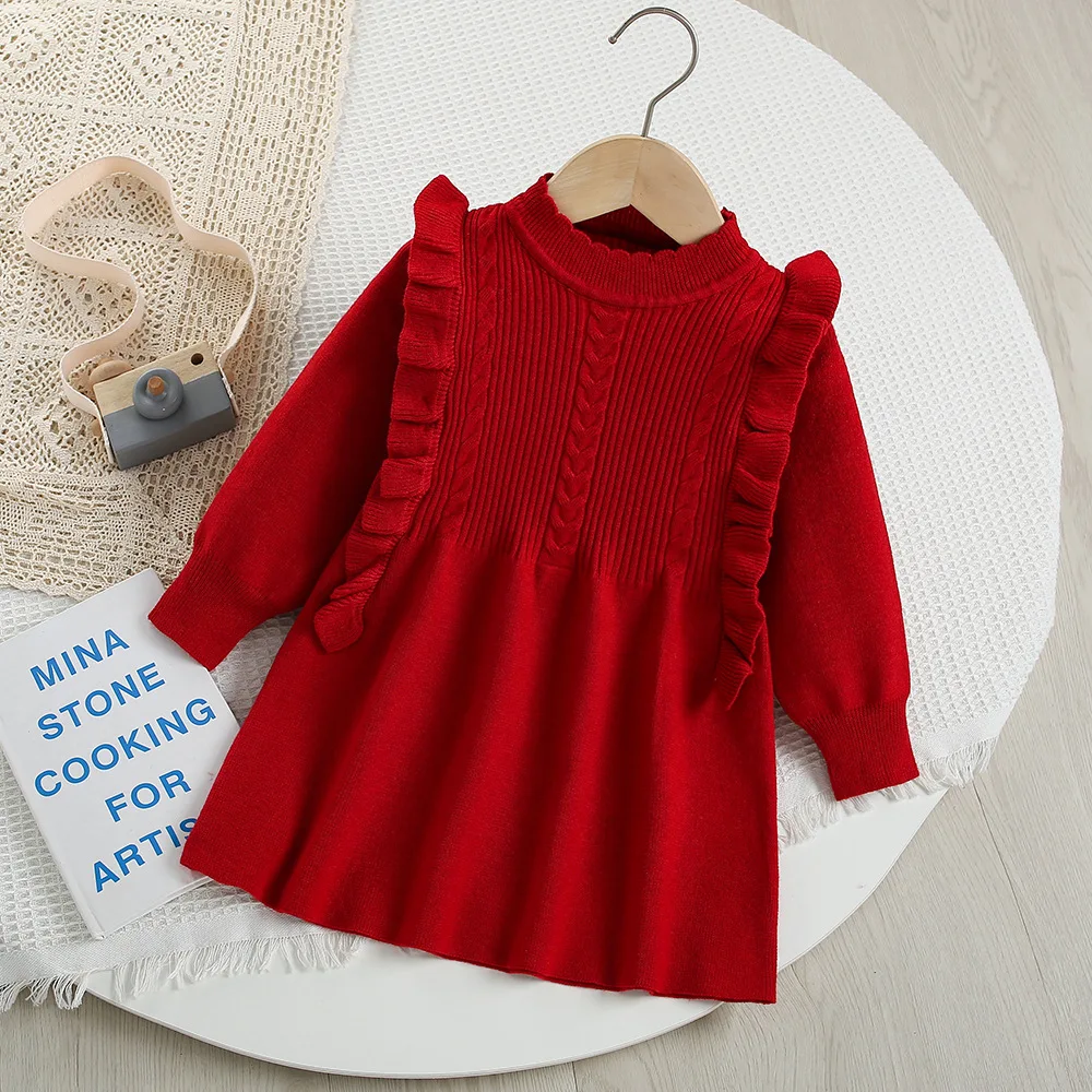 

2025 New Autumn Kids Knit Dress 9M-5T Cute Solid Color Girls Sweater Thin Children Clothes Baby Princess Dress