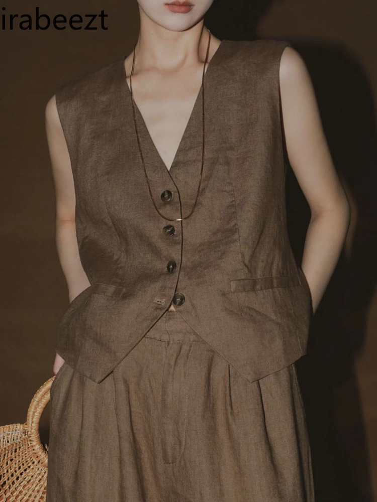 

Women's V-Neck Button-Up Linen Vest Sleeveless Open Front Cardigan Casual Chic Summer Waistcoat Chaleco Mujer