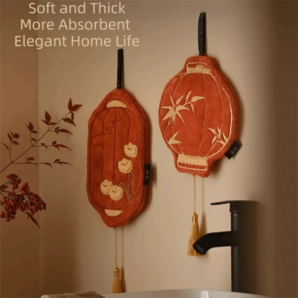 Toalla de mano estilo linterna creativa, absorbente, gruesa, linterna roja, toallas de lavado, bordado chino de doble propósito