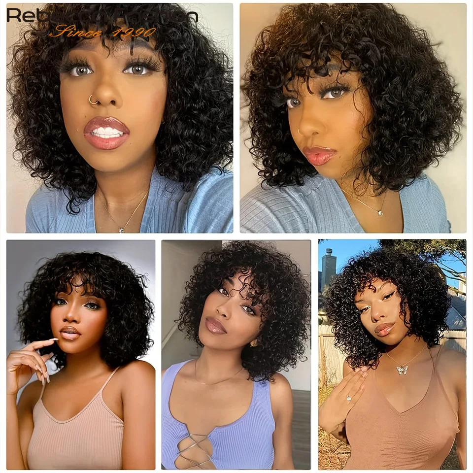 Peruvian Jerry Curly Short Bob Human Hair Wigs With Bangs Human Hair Wig Highlight Water Wave Wig For Women Full Machine Made