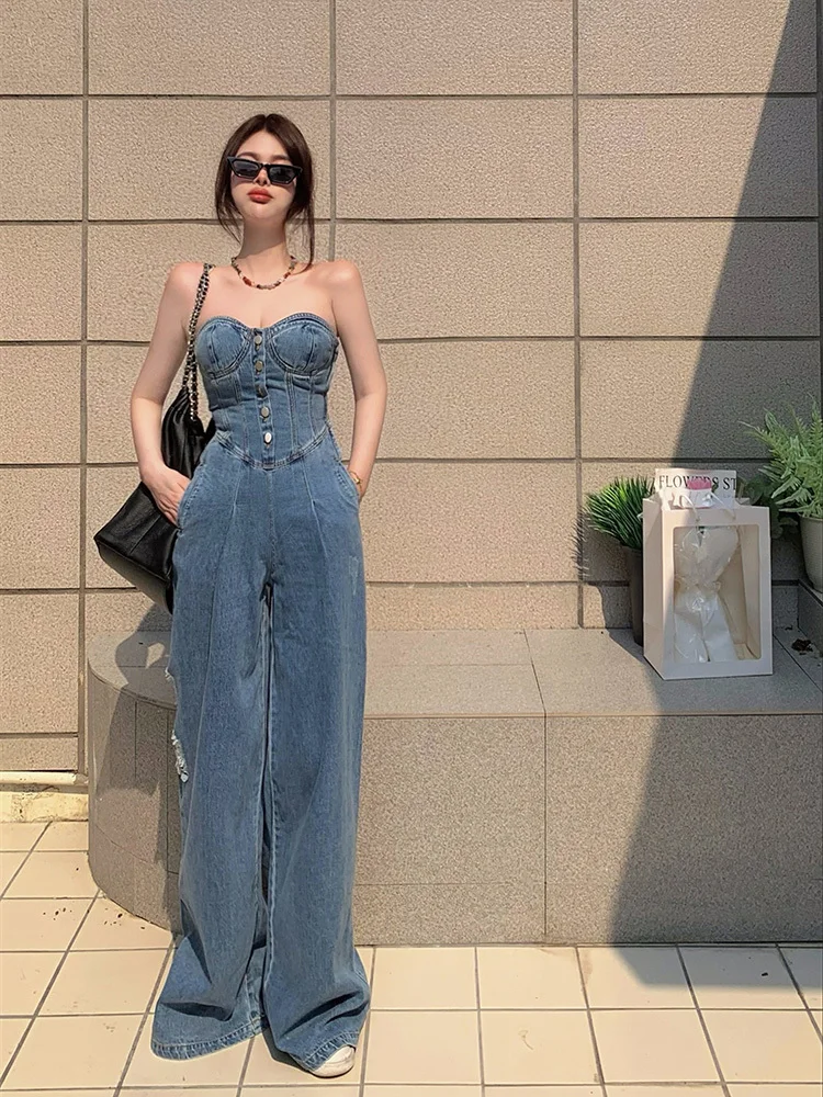 Korean Style Denim Jumpsuit Slim Waist Tube top one piece Wide Leg Pants Sexy Strapless Long Overalls Side Zipper Rompers