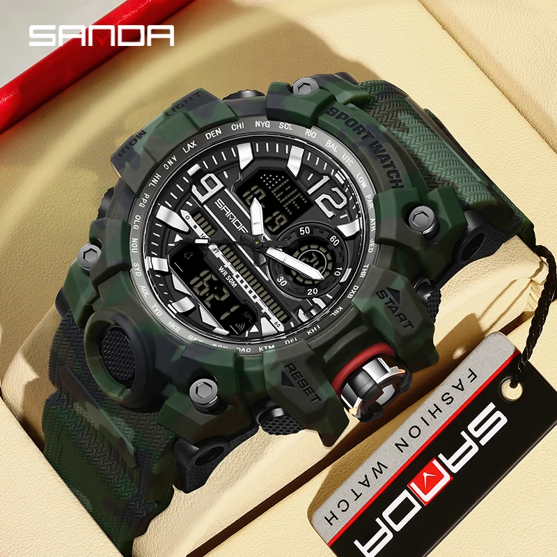 

SANDA New G Style Outdoor Sports Men Watch LED Digital Double Display Quartz Watch Waterproof Camo Military Timing Men's Watch