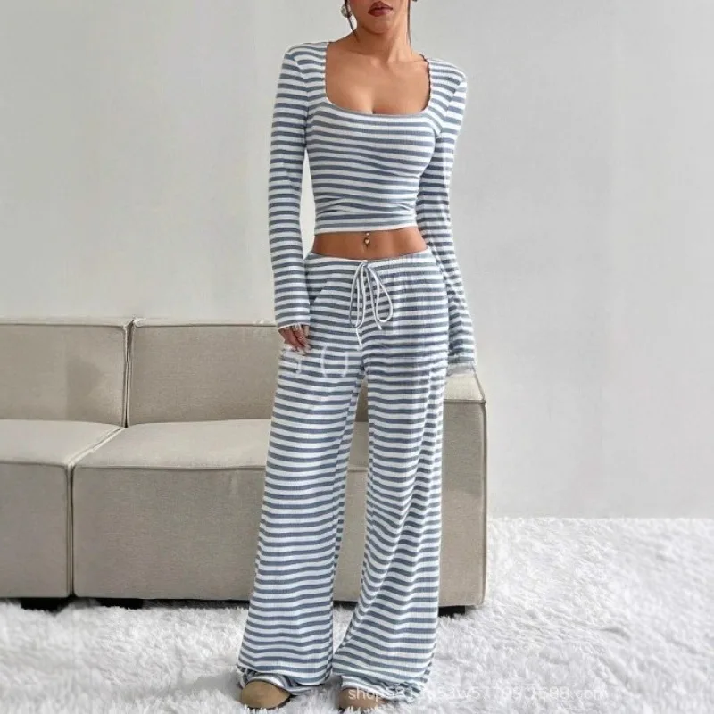 

2025 Autumn/Winter New Women's Striped High-Waist Slim-Fit Set with Wide-Leg Pants