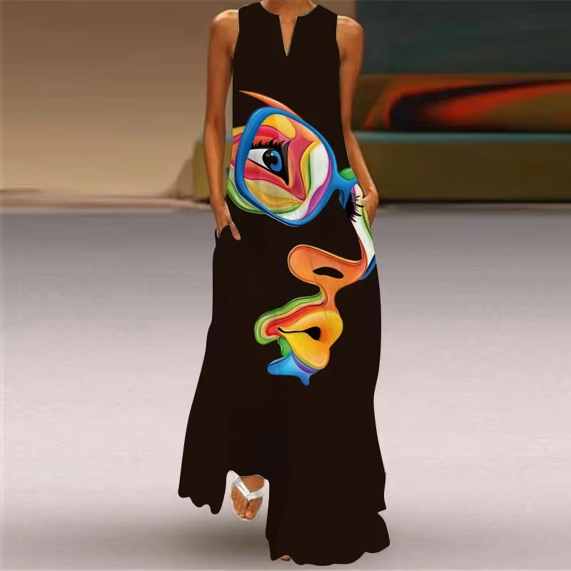 

Abstract Face Print Funny Funny Pants Hollow V-neck Sleeveless Dress Fashion Sexy Dinner Party Sleeveless Evening Dress