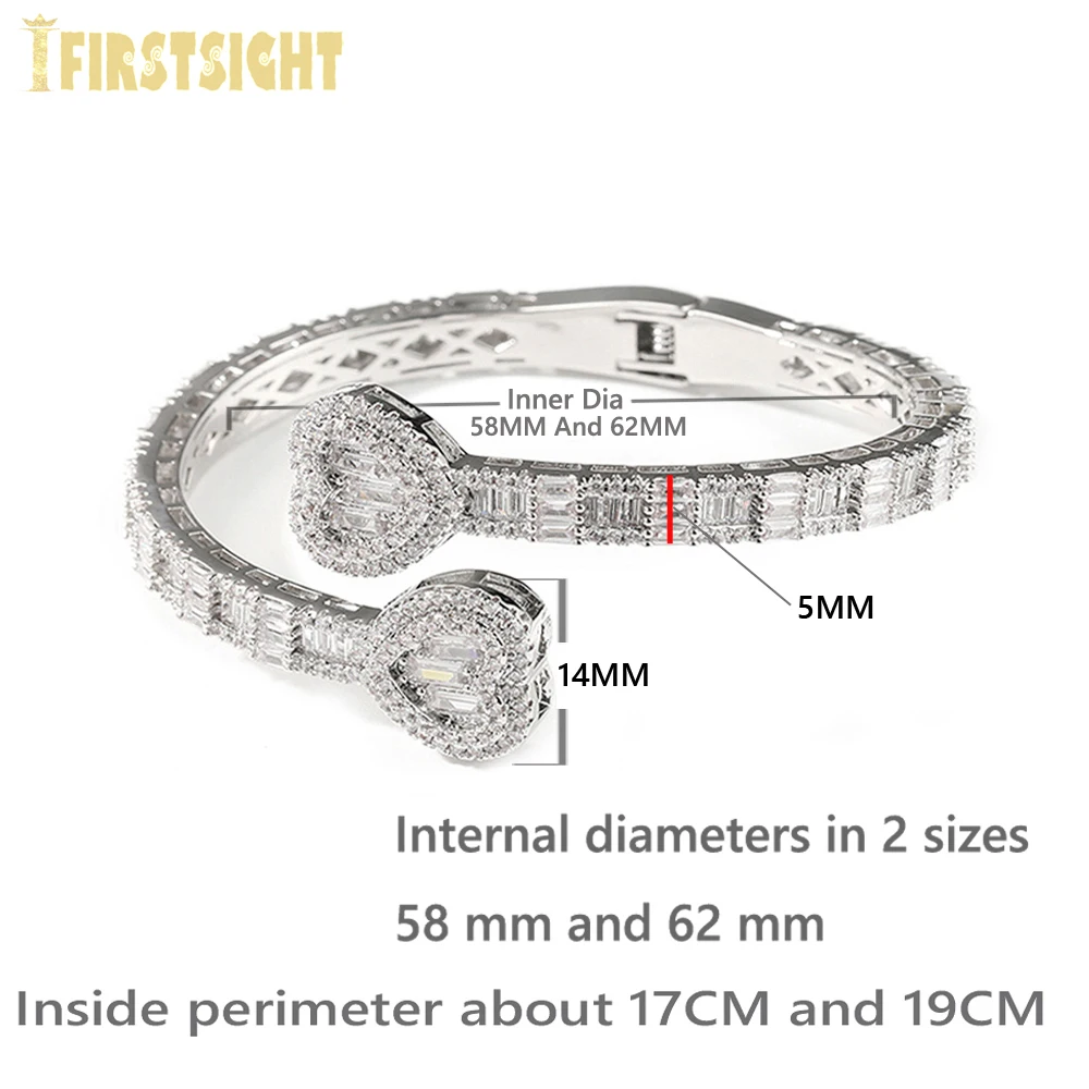 2025 New Iced Out Bling Opened Heart Zircon Charm Bracelet Rectangle AAA CZ Hearts Bangle For Men Women Hiphop Luxury Jewelry view 2