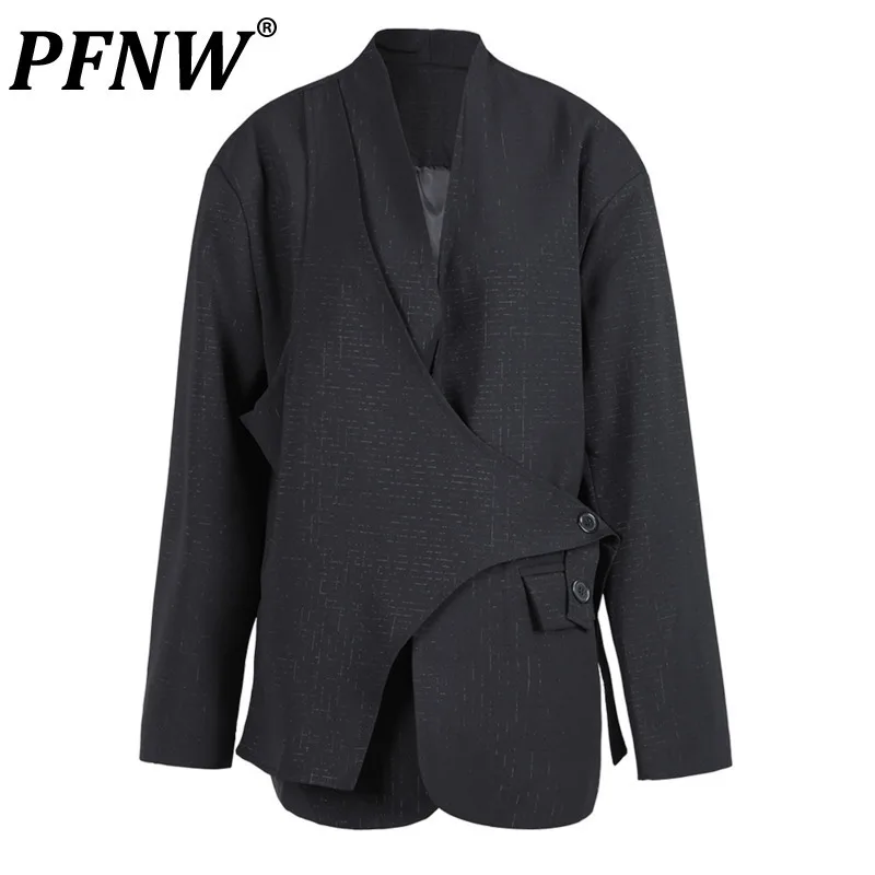 

PFNW Black Irregular Bandage Big Size Blazer Men's New V-neck Long Sleeve Loose Fit Jacket Fashion Spring Autumn 2024 1DH1520