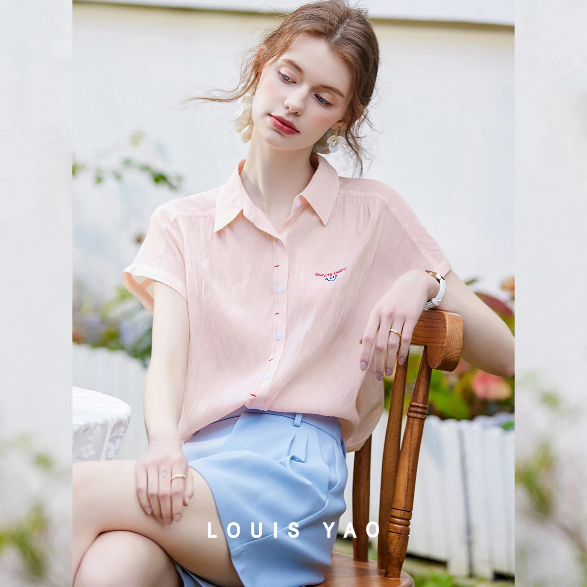 

Embroidered Short Sleeve Shirt Contrasting Colours Blouses Flap Collar Loose Even Shoulder Blouses Tops Women Summer 2025