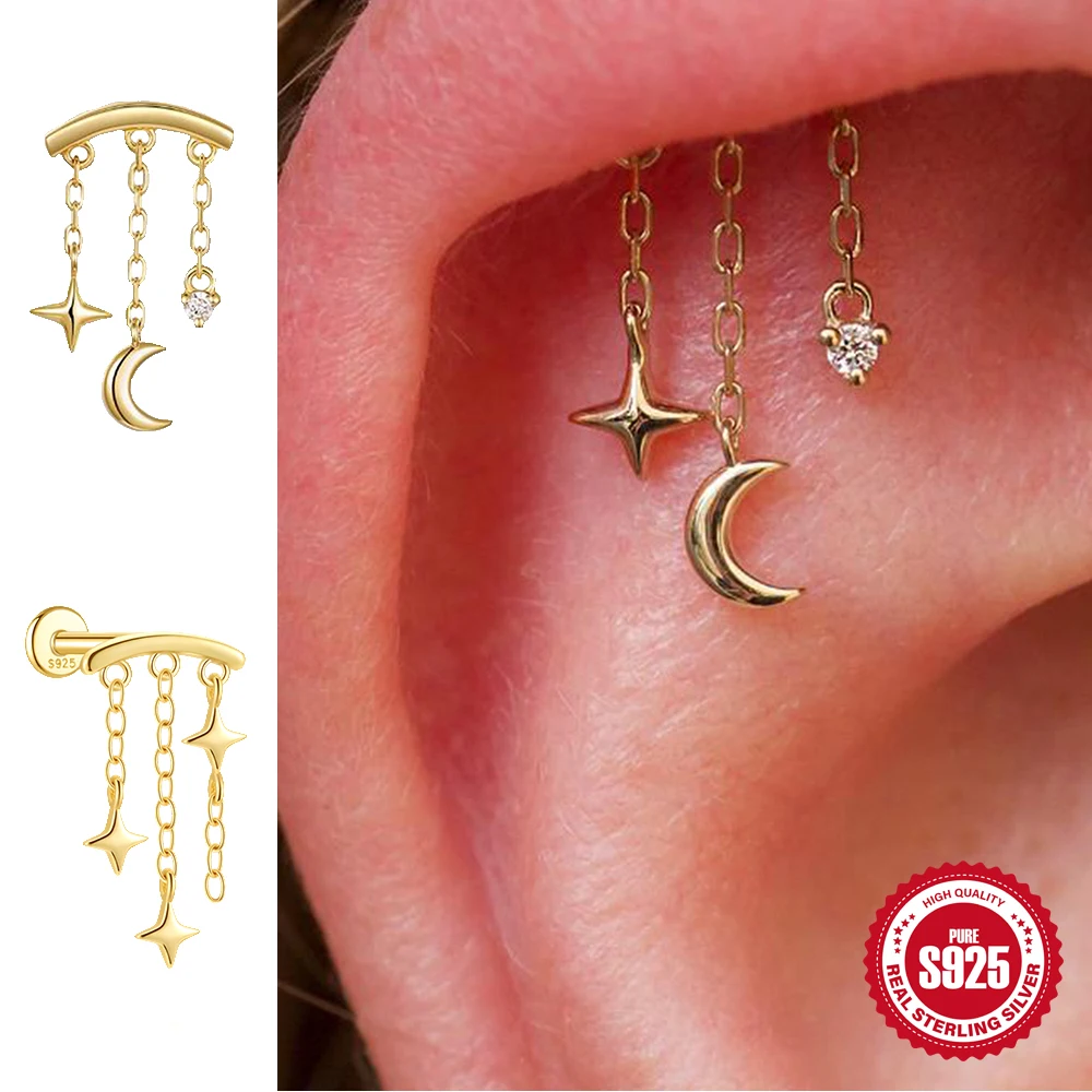 

ROXI 925 Sterling Silver 1Piece Star/Moon Charms Piercing Earrings For Women Long Tassel Pendant Chain Party Fine Jewelry