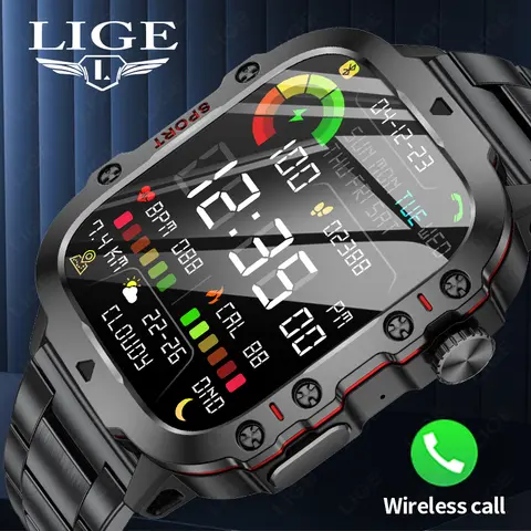 LIGE New Men Smartwatch SOS 블루투스 통화 1.96 ''HD 스크린 손목 시계 방수 심박수 모니터 남성용 스포츠 스마트 시계
