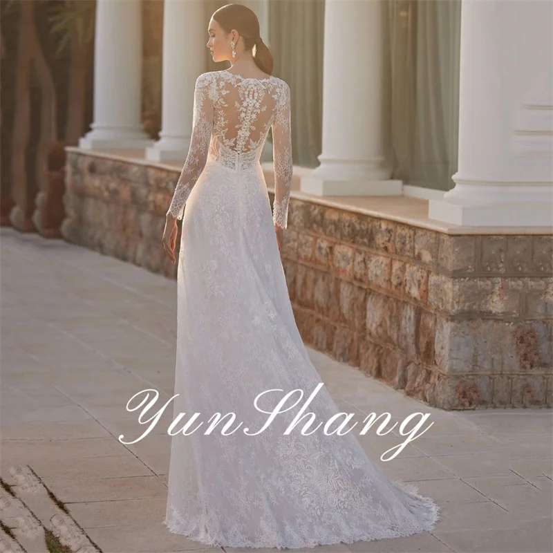 Yunshang Abito da sposa a sirena di lusso da donna con scollo a V Illusion Back manica lunga in pizzo abito da sposa treno abiti da sposa personalizzati