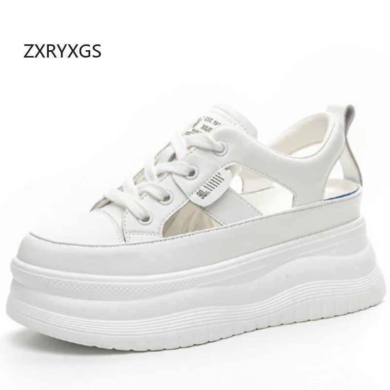 ZXRYXGS 2026 New Cow Leather Hollow Breathable Summer Sneaker Women Sandals Platform Shoes Increase Sandals Fashion Casual Shoes