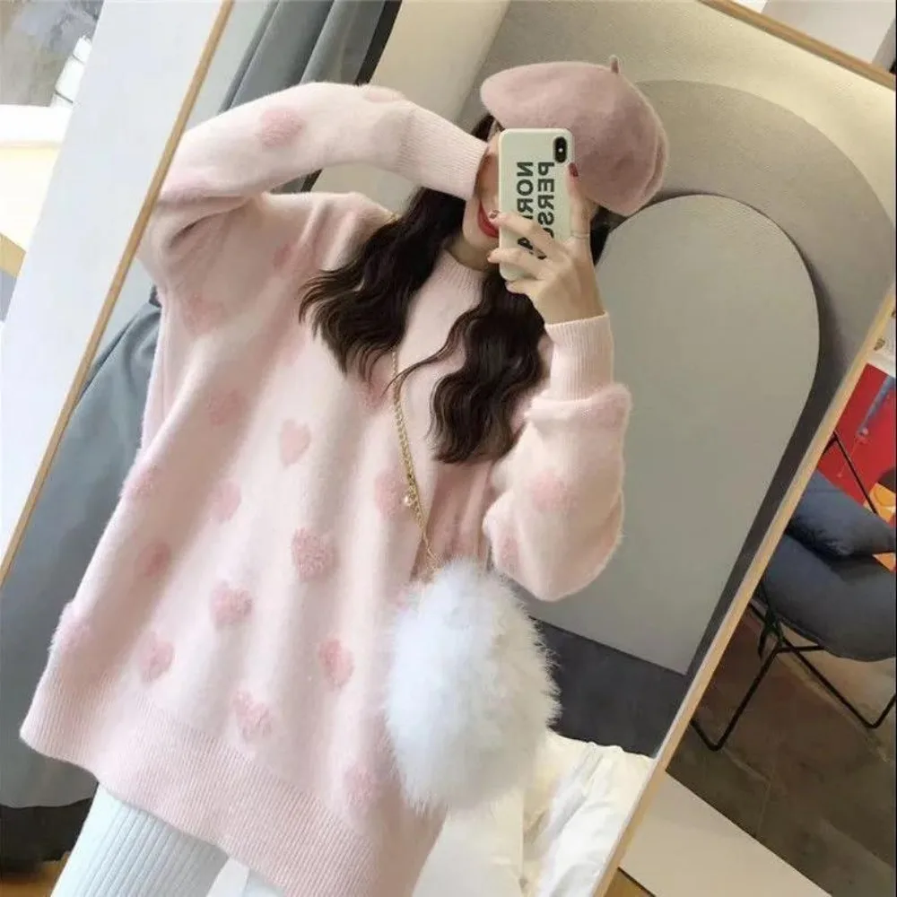

Heart Print Sweater Oversized Slouchy Knit Cardigan Lightweight Cropped Casual Outerwear Layer Coquette Loungewear Top