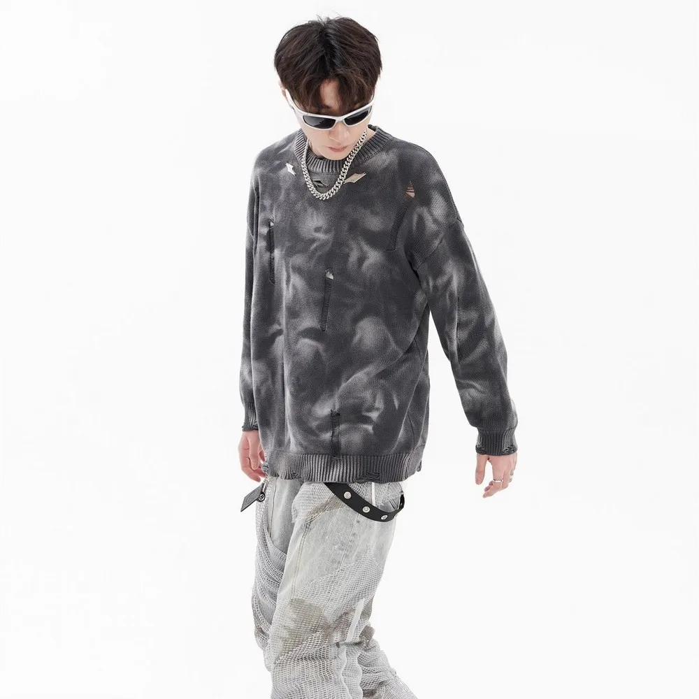 Suéter deshilachado Gradual desgastado de manga larga con agujeros rasgados suelto gris negro para hombres y mujeres ropa gótica fea de invierno