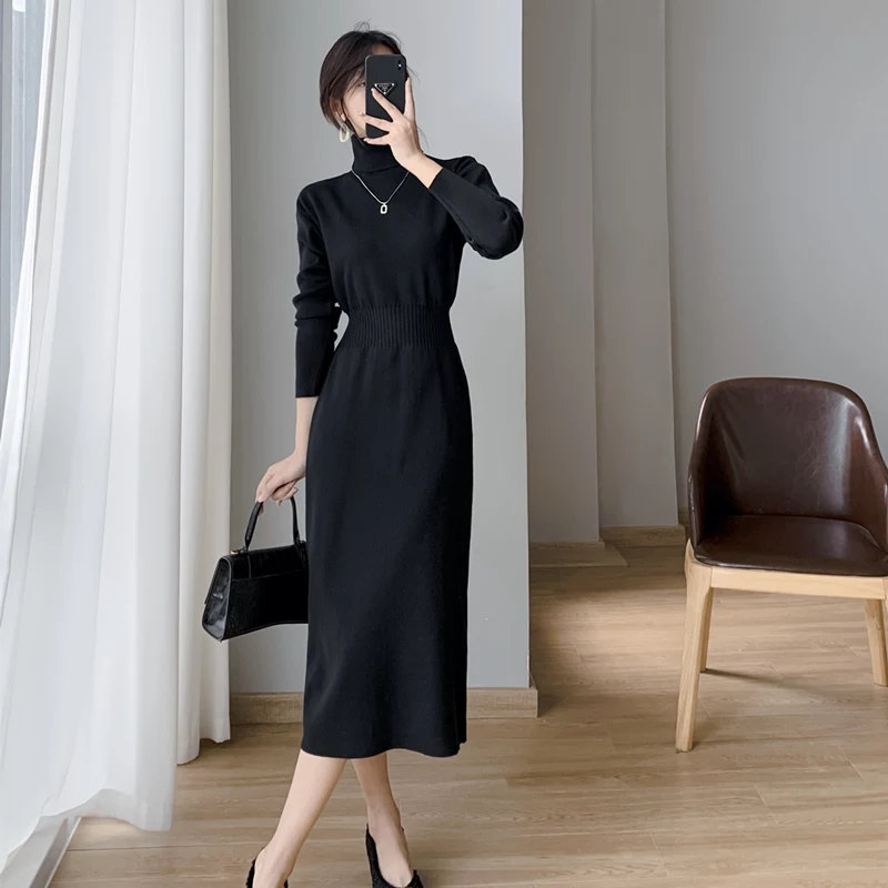 Women\'s Turtleneck 2024 Autumn Black Elegant Long Sleeve Knitted Dress White High Waist Knit Bodycon Midi Sweater Dresses Simpl