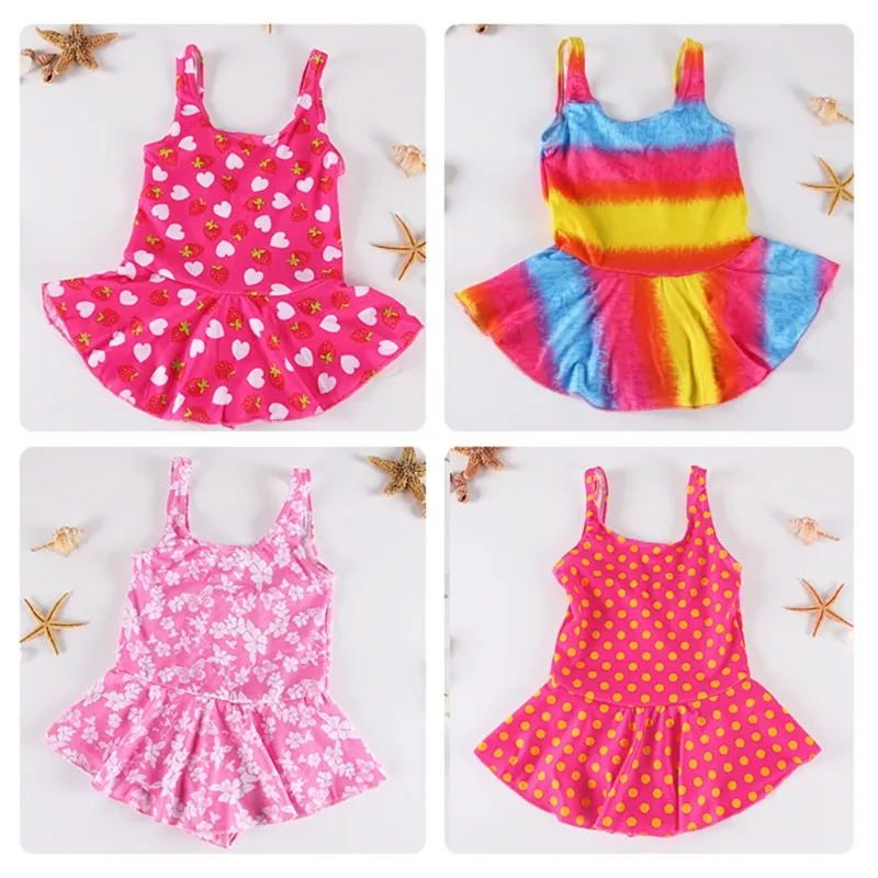 Girls Swimsuits Lovely Cartoon Print One-Piece Swimwear Children Fashion Breathable Dress Bathing Suits Beachwear Random Color