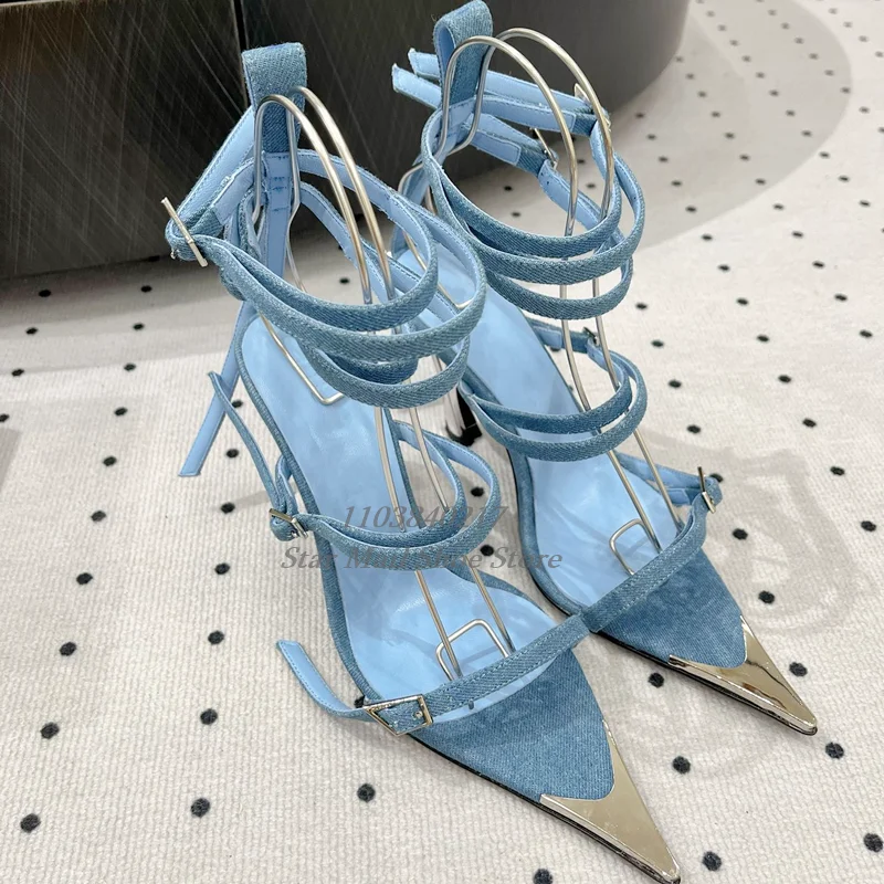 

Fashion Pointed Toe Thin Strap with Tower Buckle Combination Sandals Strange Style Hot Chick Summer Super High Heel Catwalk Shoe