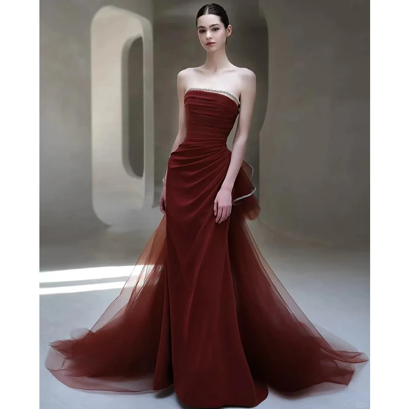 

Элегантное красное свадебное платье для женщин, для дня рождения, высококачественное, для ведущей, для помолвки, корейский стиль, с завышенной талией