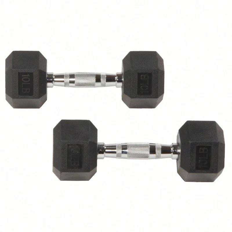 Large Fitness Equipment Rubber Encased Hex Dumbbells, 10 Lbs Pair, Black, Pairs