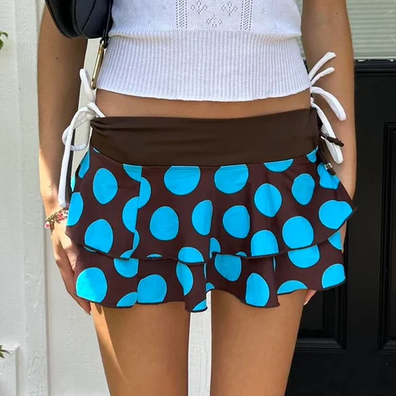 Y2k Women Summer Mini Skirt Dots Print Side Ties Low Waist A Line Skirt for Parties and Club Aesthetic Grunge Clothes
