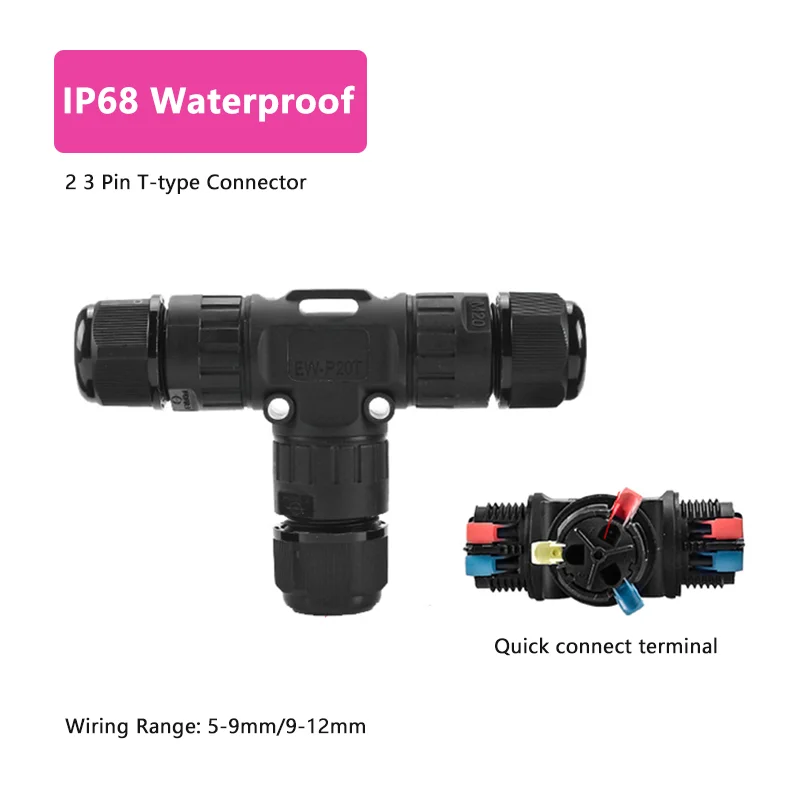 2 3 Pin T-type Cable Connector Waterproof IP68 Screw-free 3 Way Outdoor Junction Box P20 5-12MM Quick Connect LED Wire Joint