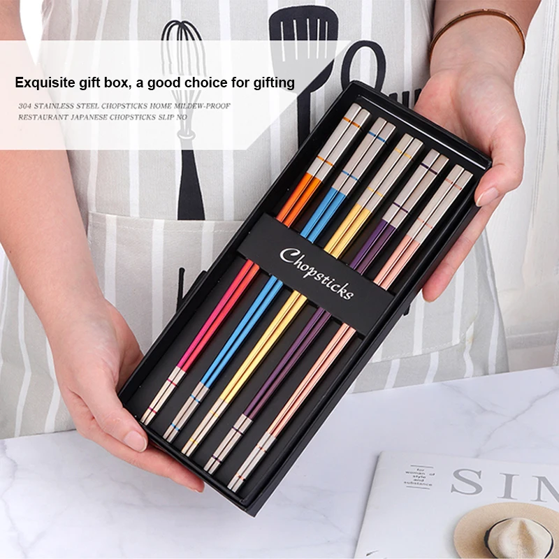 5Pairs Luxury Chinese Chopsticks Stainless Steel Reusable Sushi Sticks Gold Titanium Chopsticks With Gift Box Metal Food Sticks