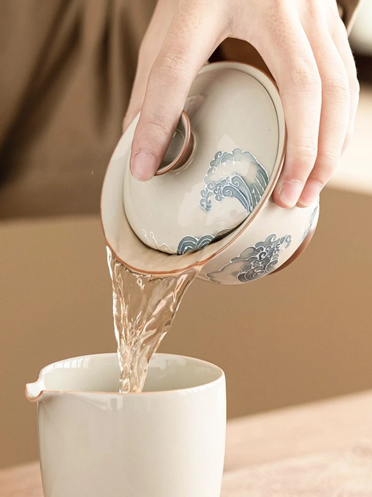 Pile Carved Wave Gaiwan Hand-painted Ceramic Tea Tureen Chinese Kung Fu Tea Brewing Bowl Teaware Master Cup Teacups Gift Box - Image 4