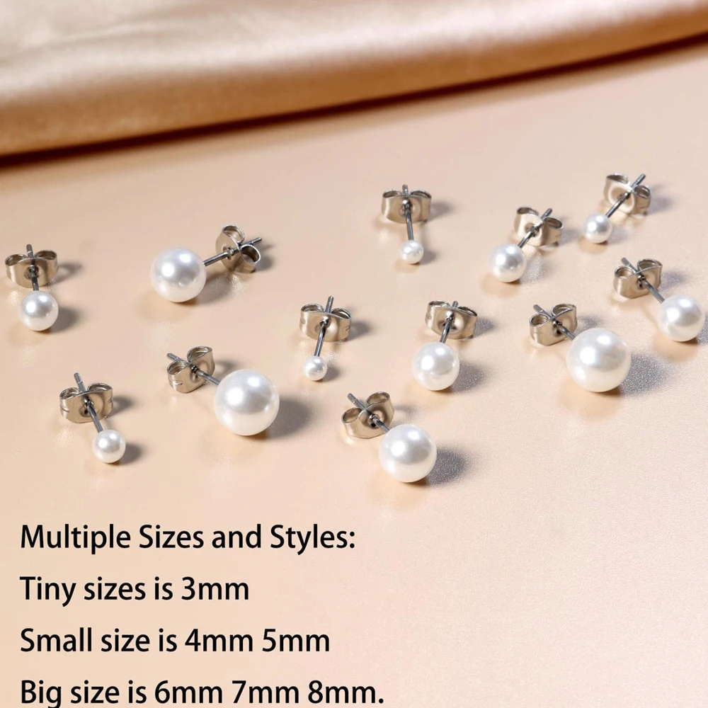 1 Pair Hypoallergenic Stainless Steel Tiny Small and Big Ball Pearl Stud Earrings Set for Women Girls 3-8MM