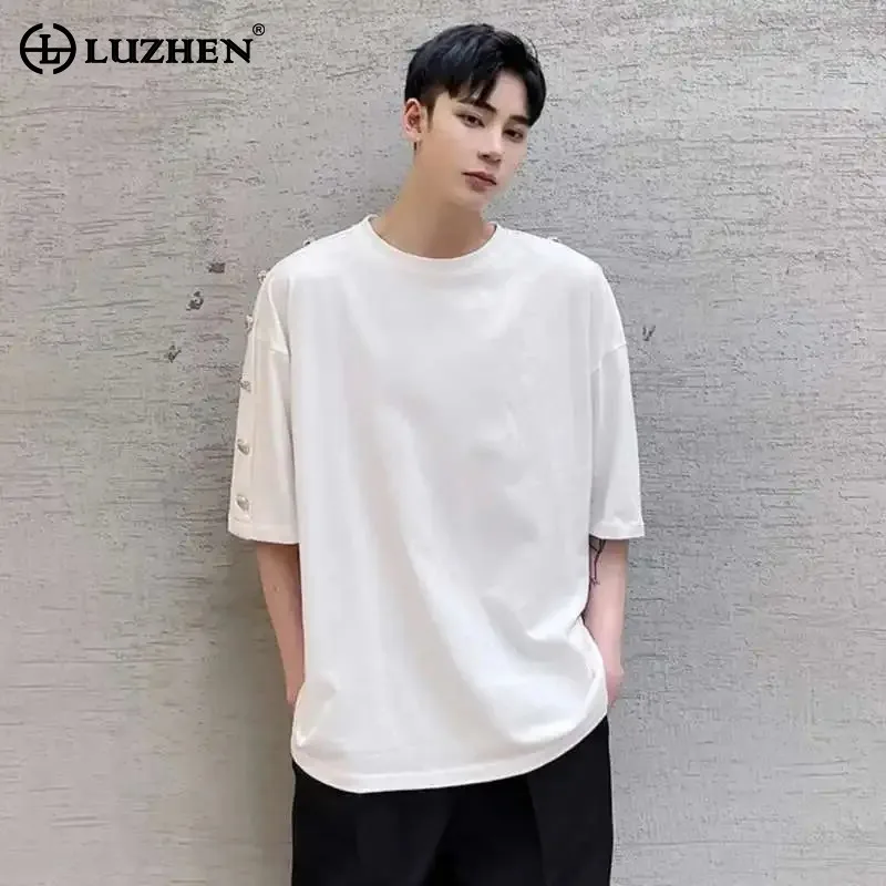 

LUZHEN Sleeve Original Tops Buttoned Casual Decorate Men's Short Stylish 2025 Summer New Solid Color Round Neck T-shirts JY2613