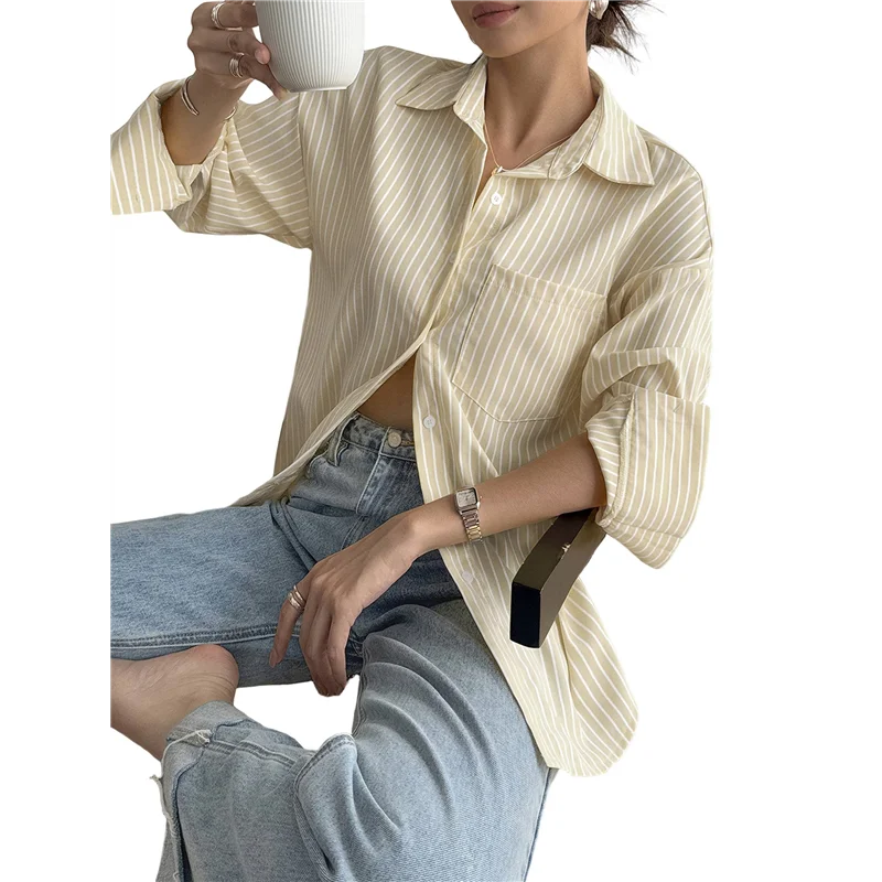 

CGS-Women's Button-Down Shirts, Striped Formal Shirts, Long Sleeves, Lapels, Office Work Shirts, Tops