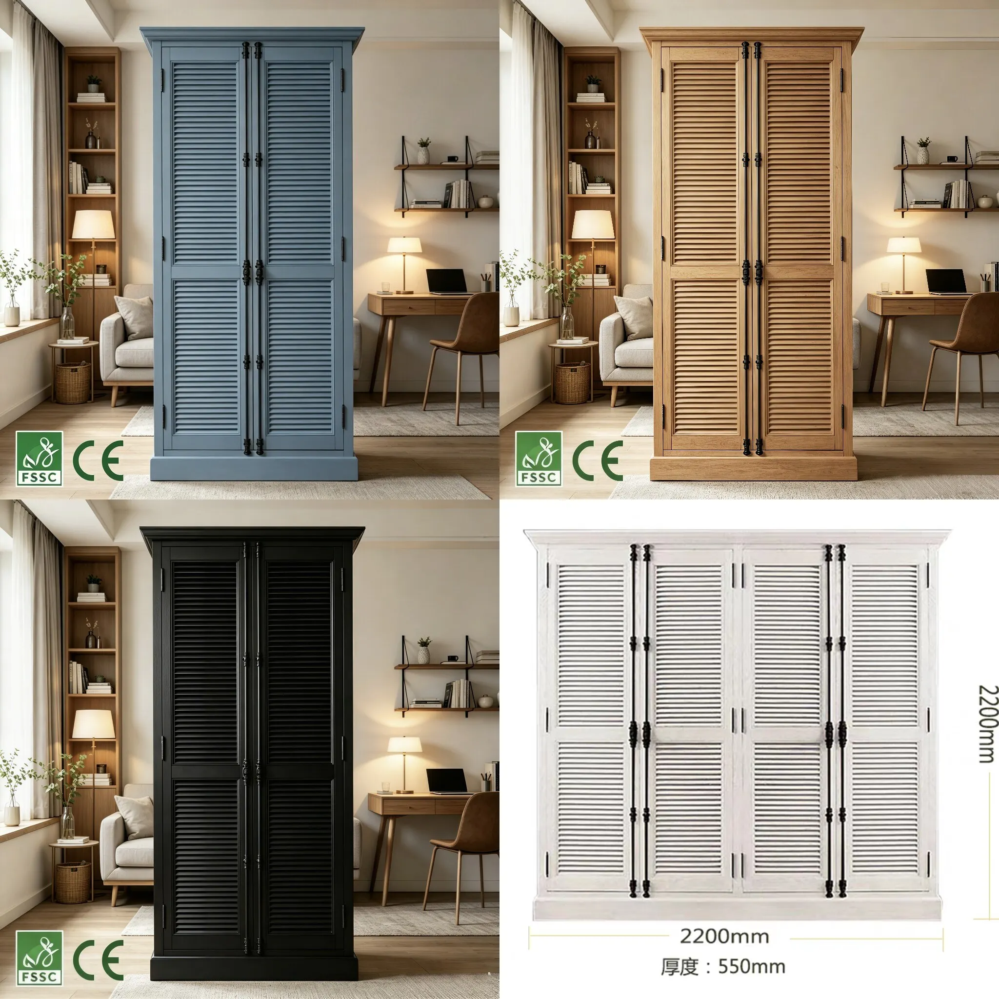 Vintage Solid Wood Louvered Door Wardrobe Double Door Adult Custom Eco-Friendly EU Certified Export Furniture