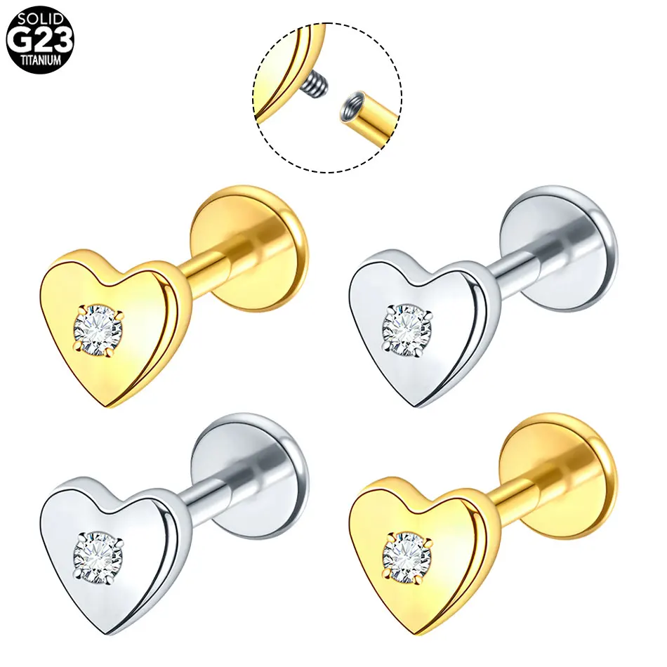 

1/5Pcs G23 Titanium 16G Heart Gem Flat Back Earring Labret Monroe Lip Cartilage Helix Tragus Conch Ear Lobe Stud Body Jewelry