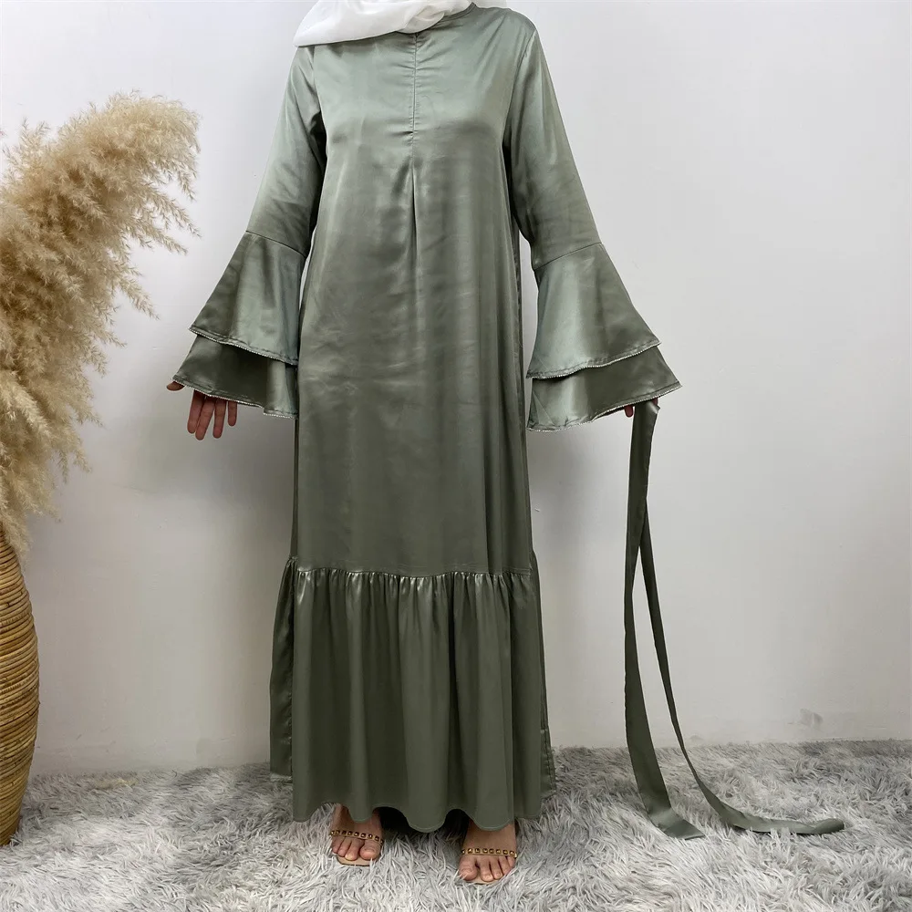 Abaya di raso per le donne abito da festa musulmano con maniche svasate Dubai caftano turchia Robe Eid Jalabiya Ramadan Islam abbigliamento abito arabo