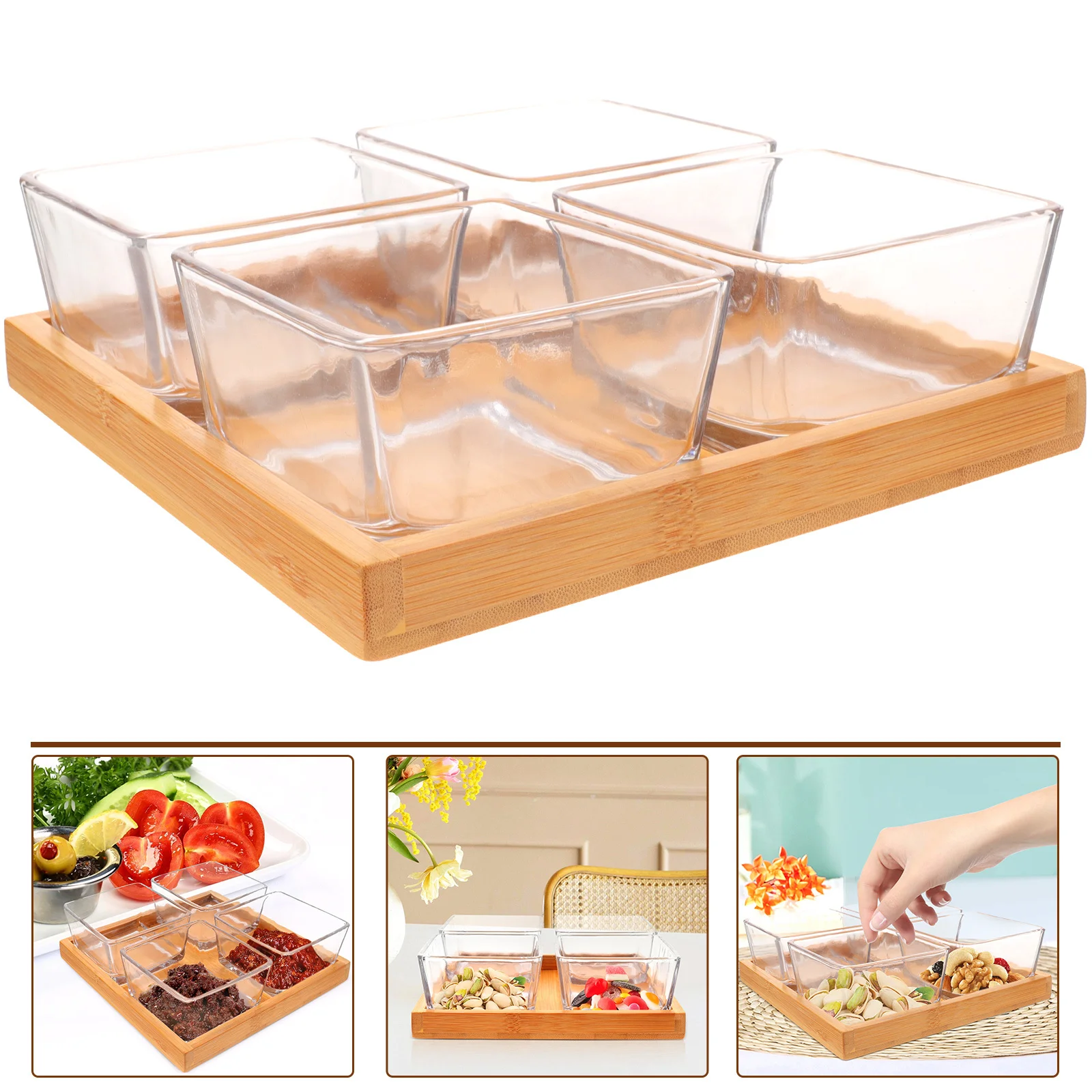 1 مجموعة الزجاج طبق للوجبات الخفيفة صينية من الخيزران متعددة الوظائف تخدم لوحة للحلوى الحلوى الفاكهة المجففة حفل زفاف طبق للوجبات الخفيفة الزجاجية