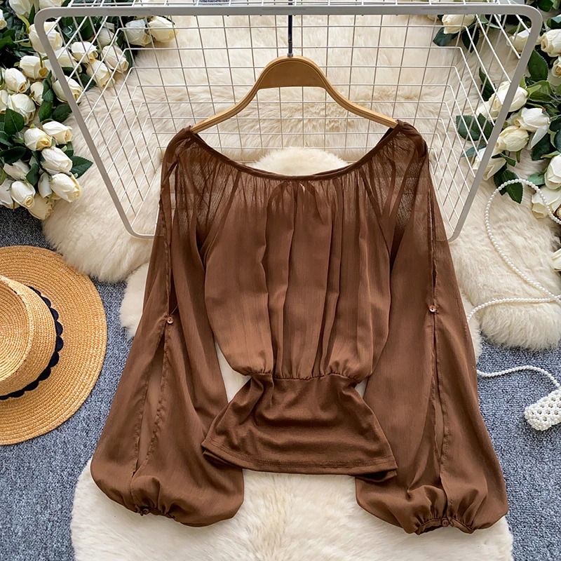 Korean Style Off Shoulder Long Sleeve Shirt Women Fall Business Casual Tie Waist Loose Blouse Slim Fit Blusa Asian Female BL550