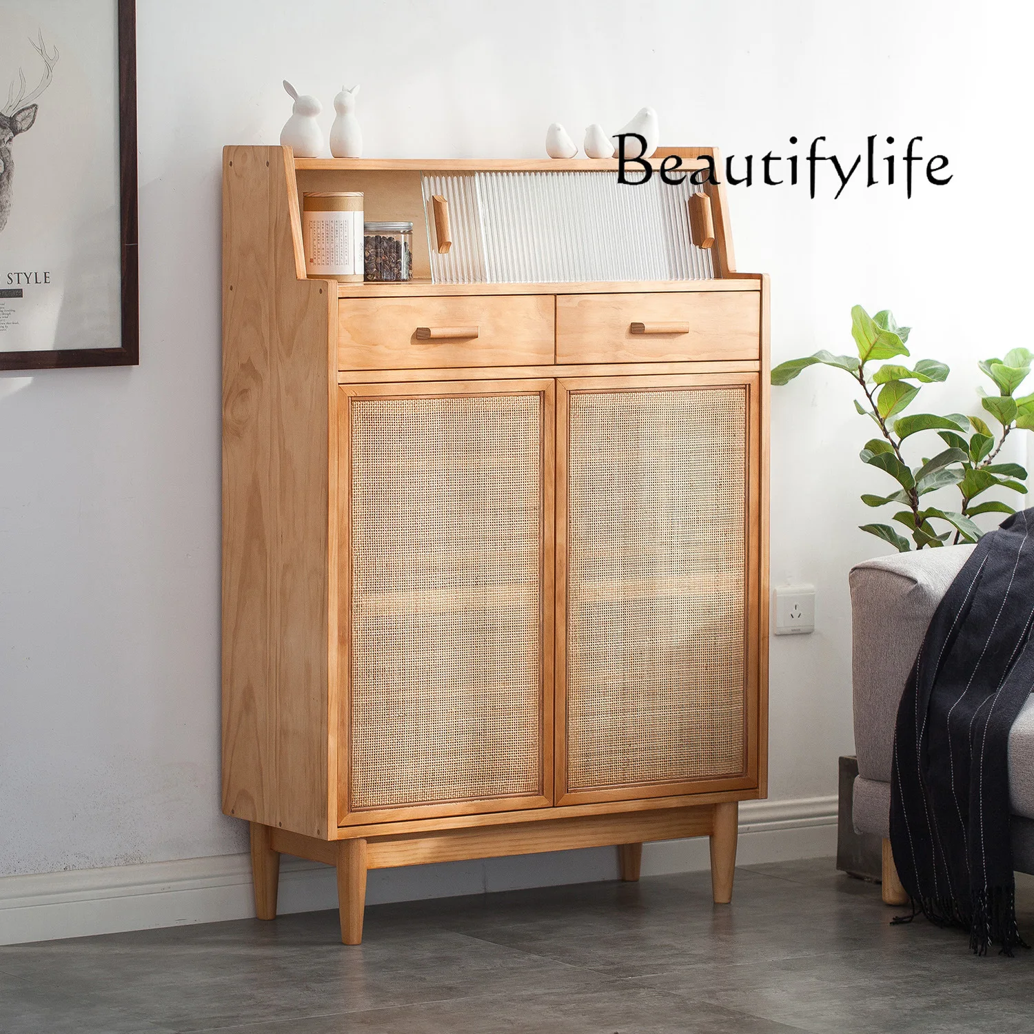 

Simple Solid Wood Rattan Shoe Cabinet Nordic Small Apartment Hallway Cabinet