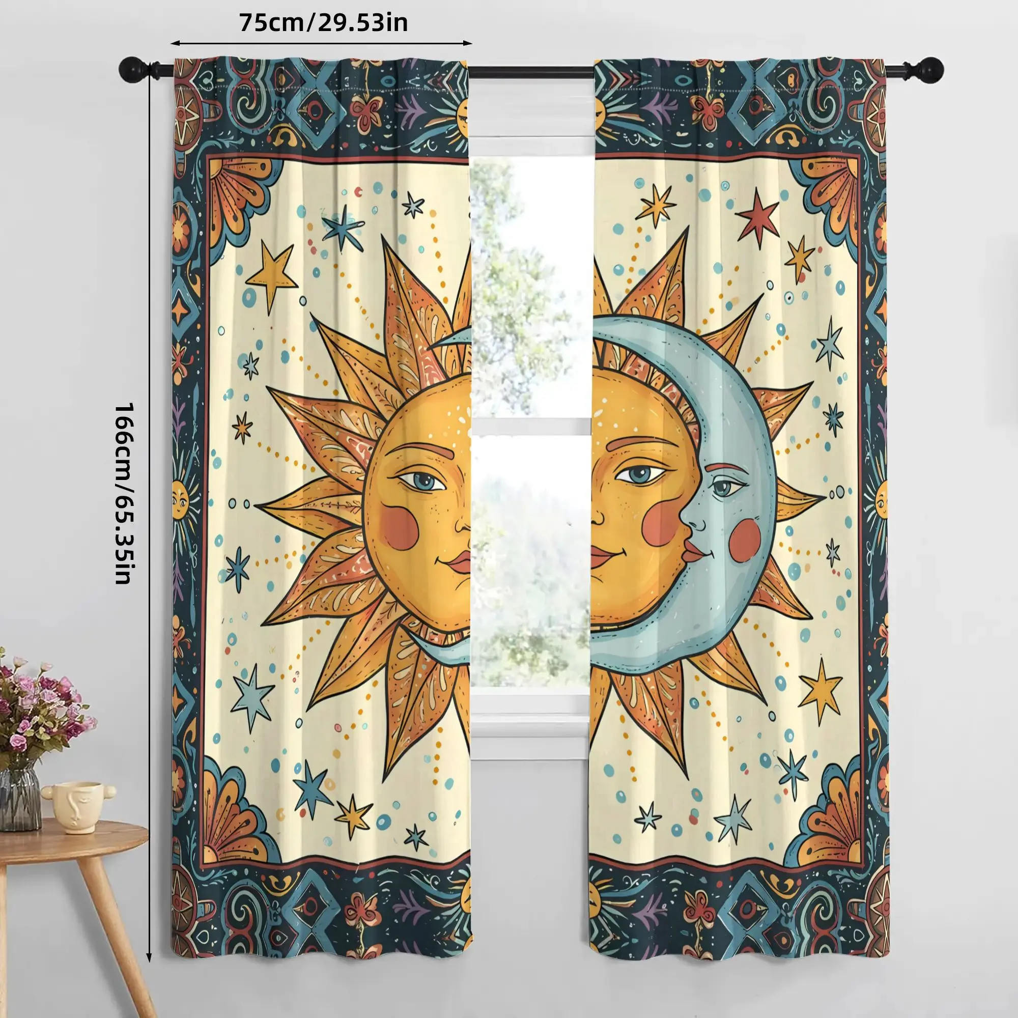 Boho Sun Moon Curtain Panels, Mystic Sun Moon Face Star Vintage Border Print Drapes for Bohemian‑Style Bedroom Home Decor