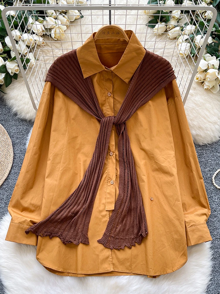 

Women Japan Shirt Lazy-chic Casual Versatile Long-sleeved Single Breast Knit Shawl Two-piece Set Blouse Female Top BL241