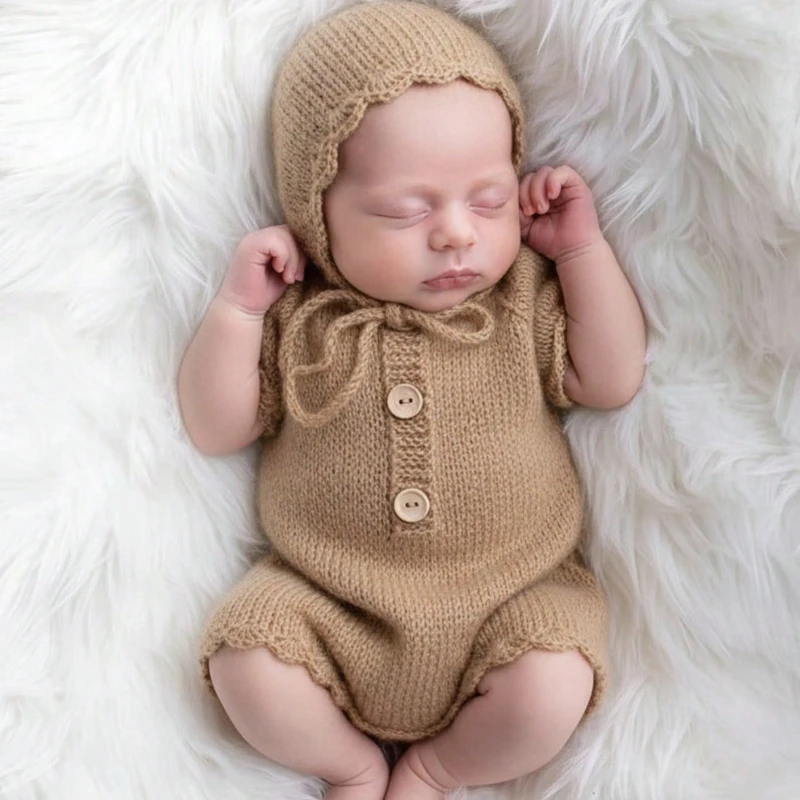 2pcs Handmade Crochet Baby Romper with Hat Newborn Photography Outfits Unisex Shooting Romper Baby Shower Gift Photography Props