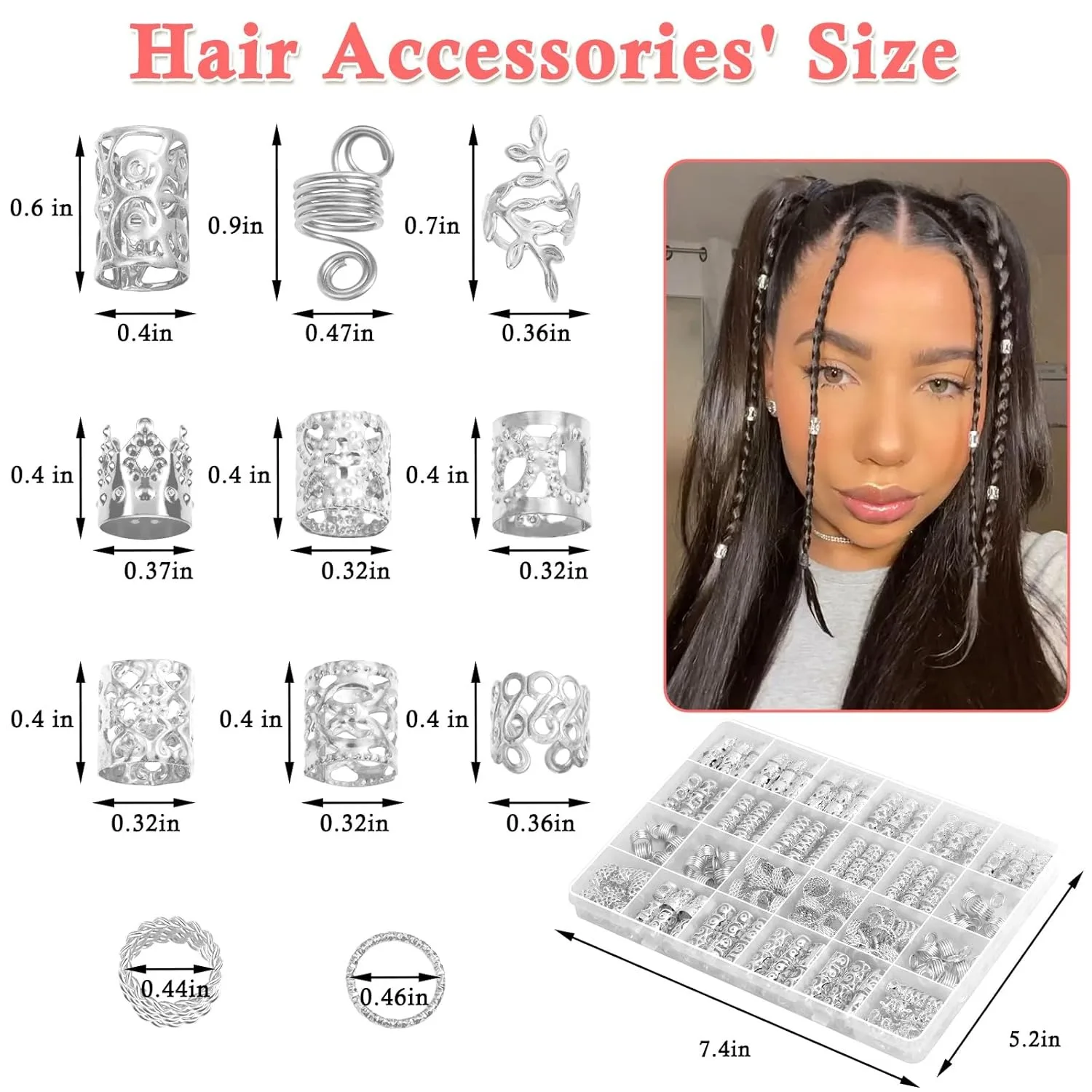 220Pcs Silver Hair Jewelry Metal Silver Braids Rings Cuffs Clips for Dreadlock Accessories Hair Braids Jewelry Decorations