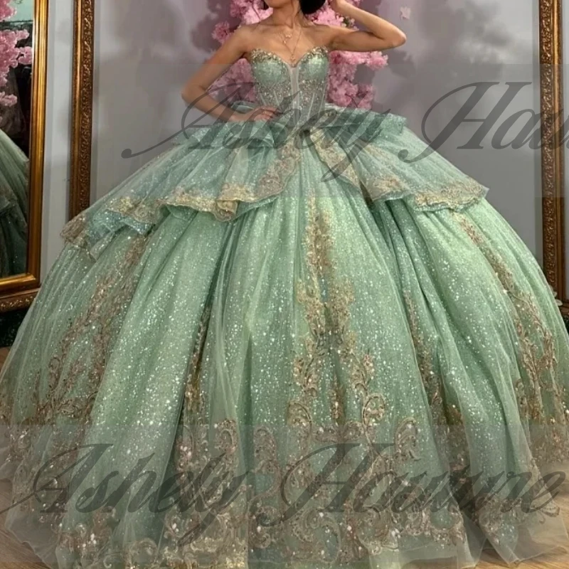 Maßgeschneiderte Luxus Mint Green Quinceanera Kleider Kristall Gold Spitze Applique Bogen Frauen Prom Geburtstag Party Kleid Vestido 15/16